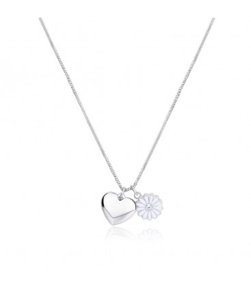 Collana acciaio 316L pendenti a forma di cuore e margherita con smalto bianco e cristallo S'agapõ SFE12